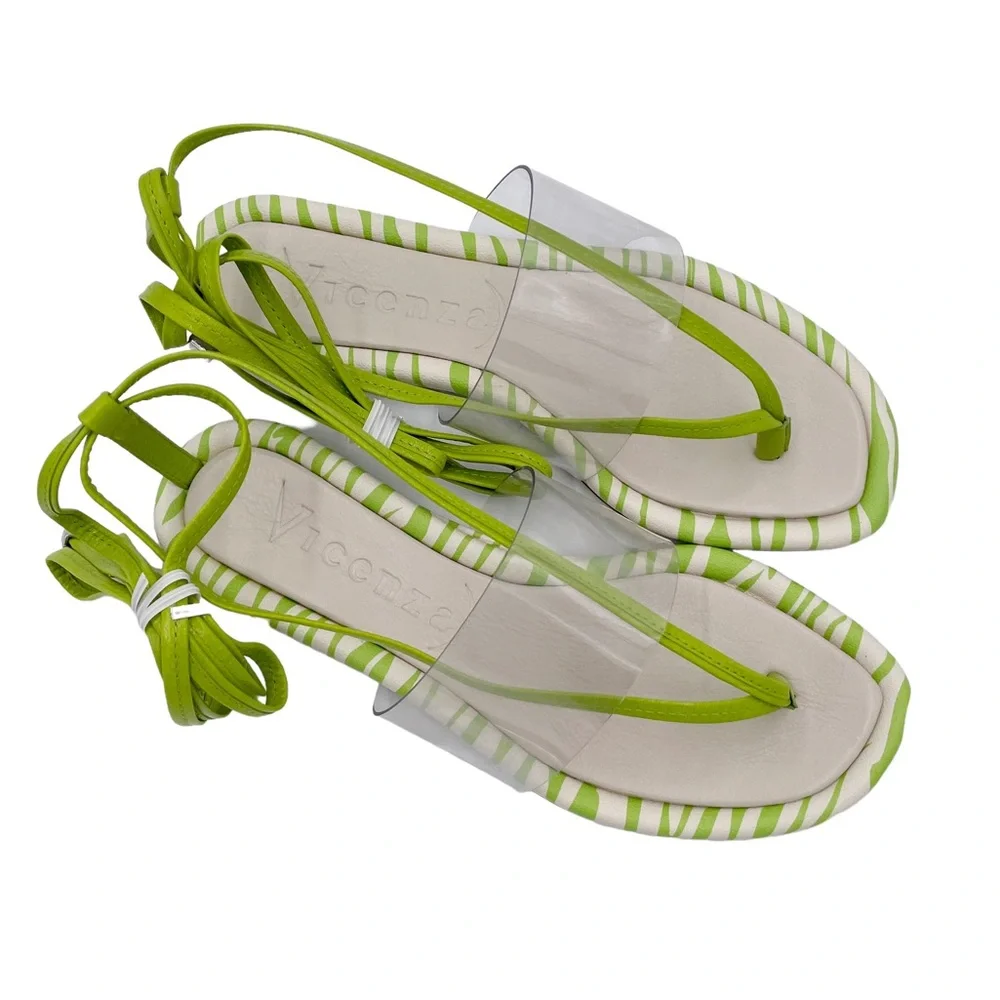 NEW Anthropologie Vicenza Transparent Zebra Sandal Tie Up Thong Sandals in Lime